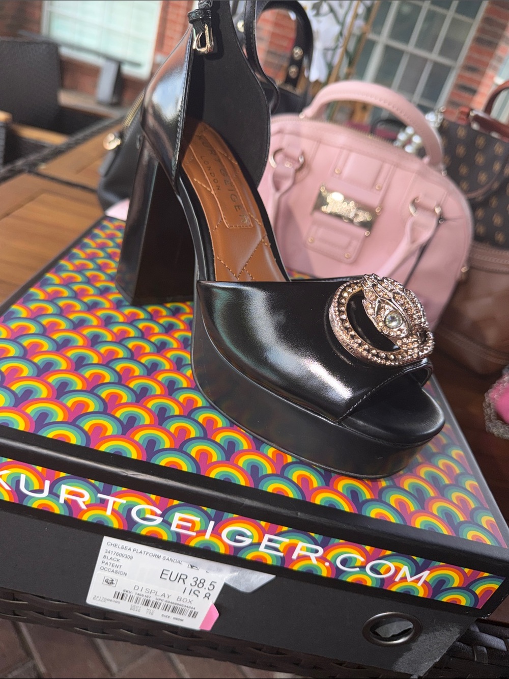 Kurt Geiger Black Patent Platform Peep-Toe Heel with Crystal Buckle